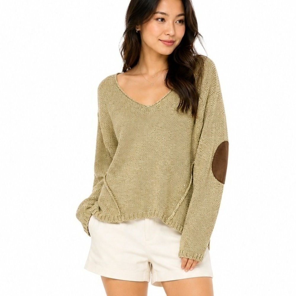 RDI | Cream V-Neck Knit Sweater Brown Elbow Patches | Size XL